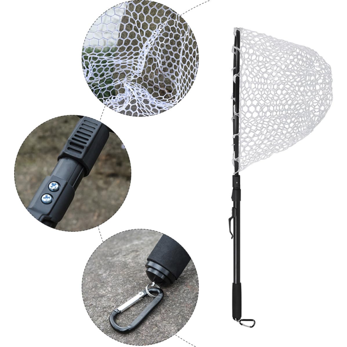 Red de Pesca de Aterrizaje Larga Negra de Aleación de Aluminio | Malla de Goma Eva, Plegado Rápido y Diseño Compacto, para Pesca Mosca en Orilla Barco