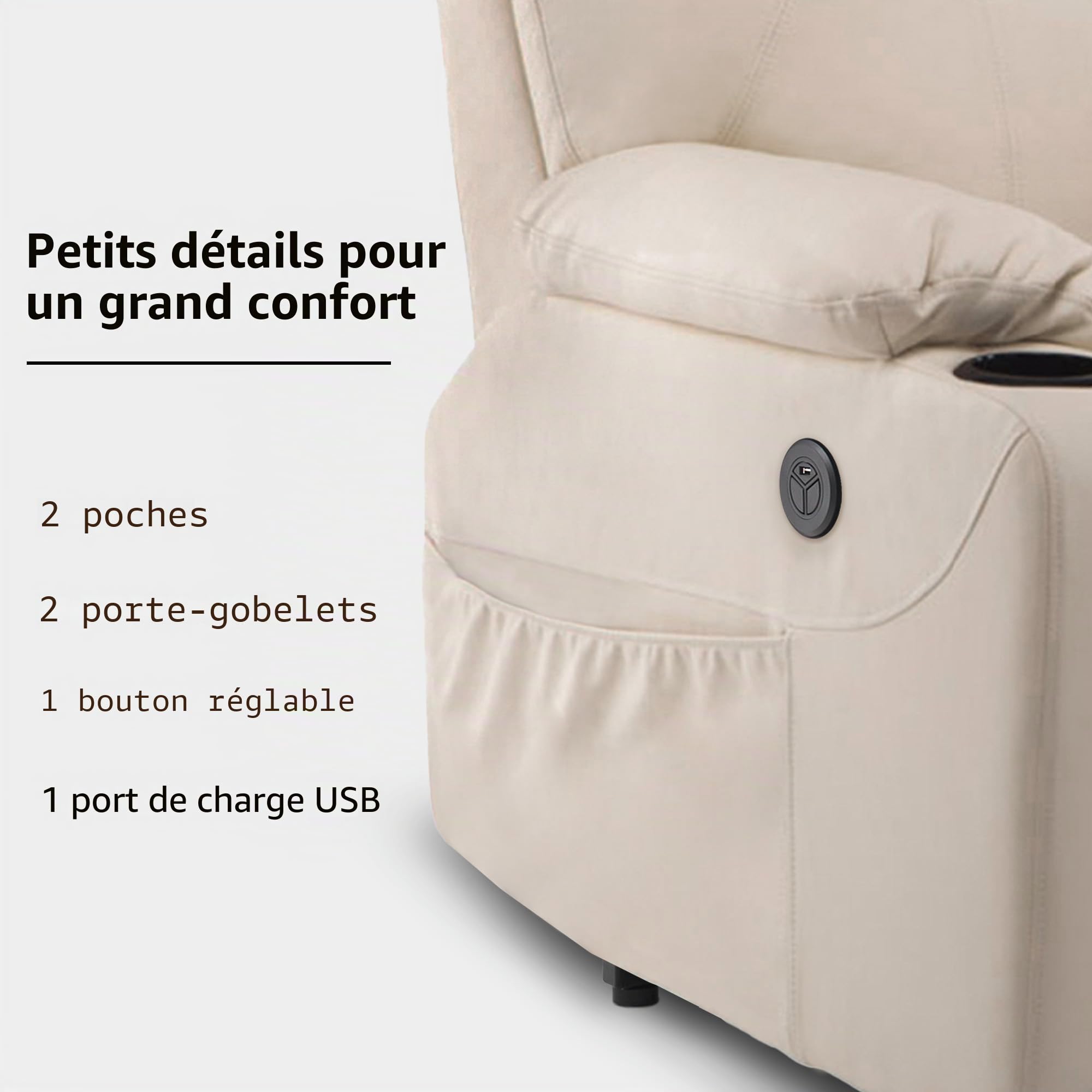 MCombo Fauteuil électrique Chauffant Chauffant réglable par USB Crème