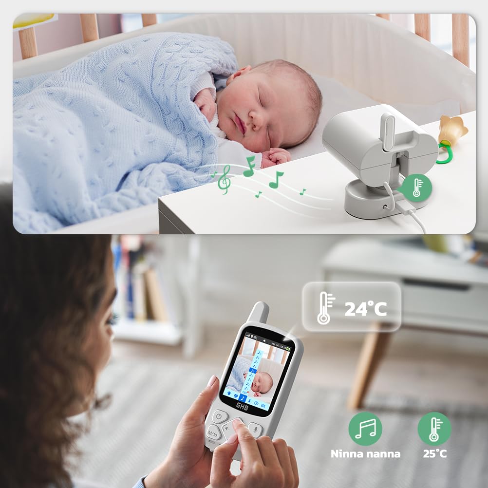 GHB Baby Monitor 2.8", 2000mAh Batteria, Schermo IPS HD Audio Bidirezionale, VOX Visione Notturna, Monitoraggio Temperatura, 8 Ninne Nanne