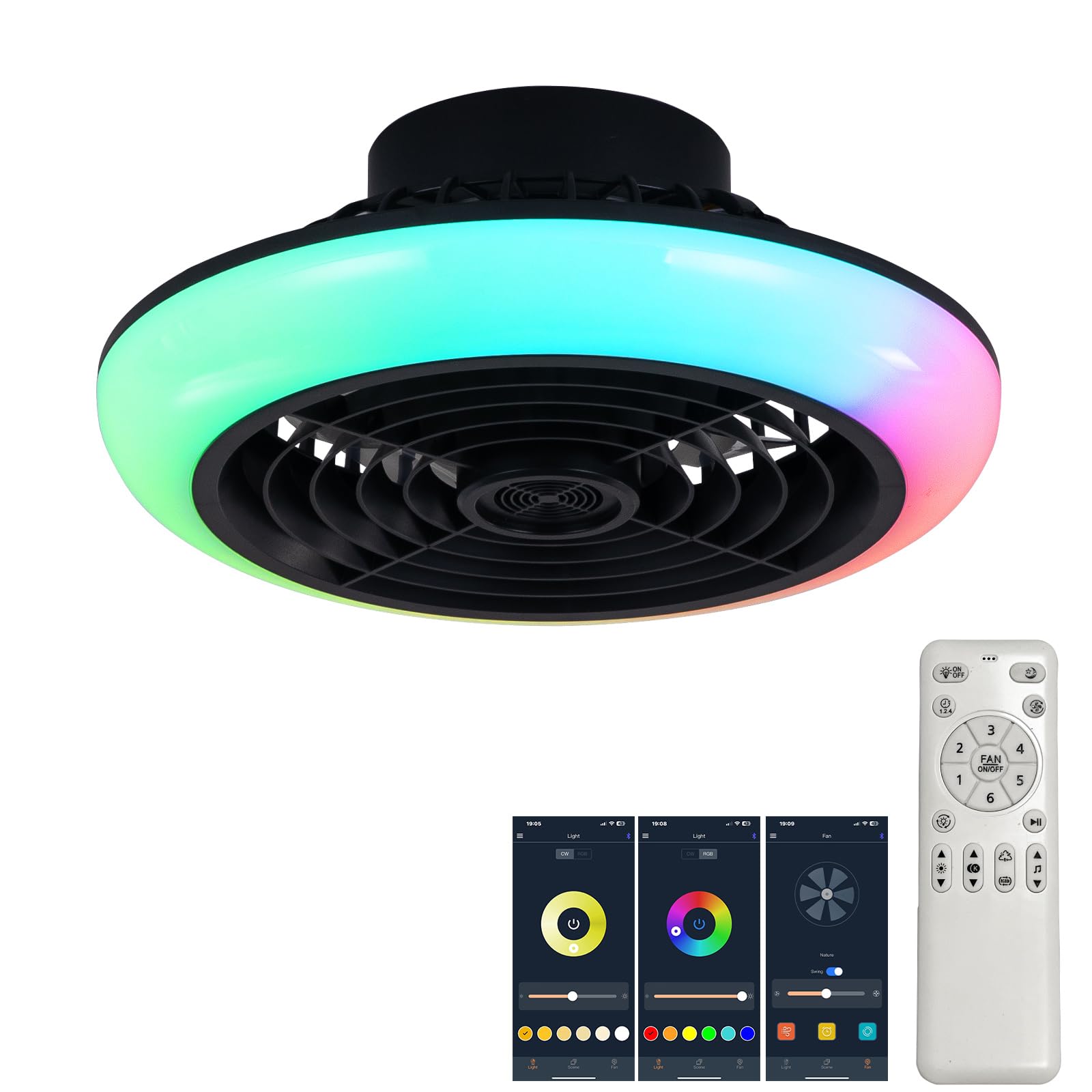 Luyaim Small Alexa RGB Smart Colour Changing Ceiling Lights with Bluetooth Speaker - LED Fan Light Ceiling Smart Dimmable Chandelier with Fan Bedroom, 6-Speed DC Motor, Timer App Remote-Black-B