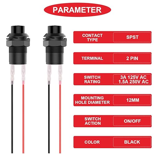 Miniatura 2 de MKBKLLJY 12 piezas de 0.472 in negro mini interruptor redondo de botón de pestillo AC 250V 1.5A 125V 3A encendido apagado 2Pin auto-bloqueo micro
