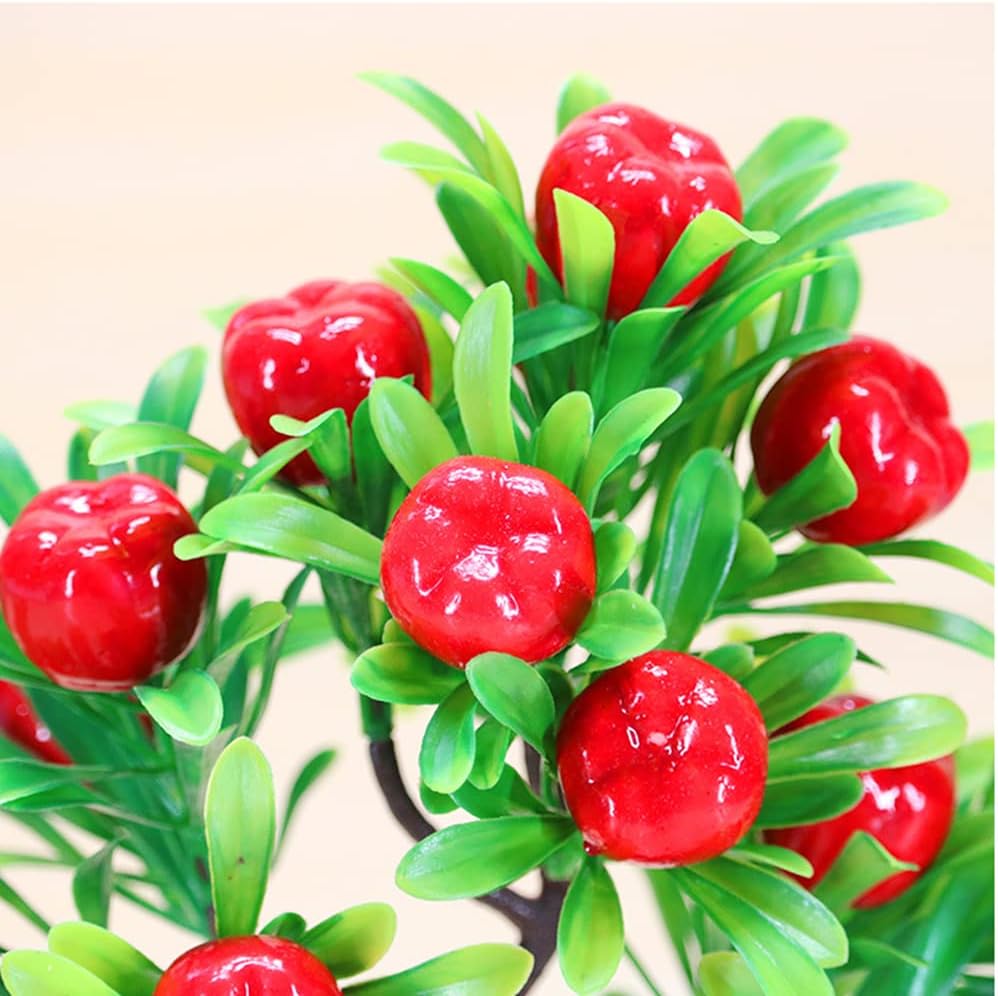 9.85" Artificial Potted Plant, Fake Apple Tree | Plastic Bonsai, Greenery Decor, for Home Table Desk Office Bathroom