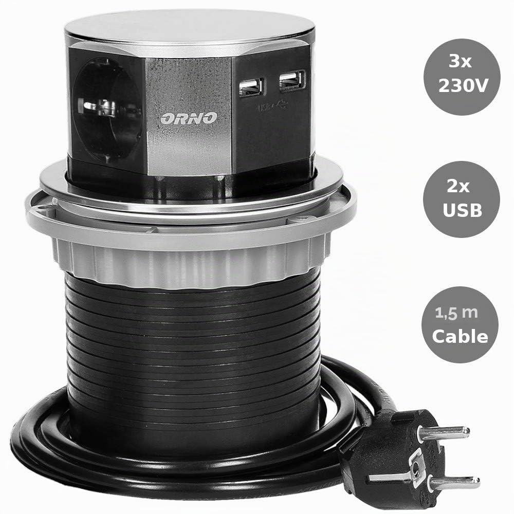 Orno AE-1381(GS) Enchufe Multiple Retractible con 3 Tomas + 2X USB 3650W MAX Ø 10 cm con Cable Schuko de 1,5 m Plateado
