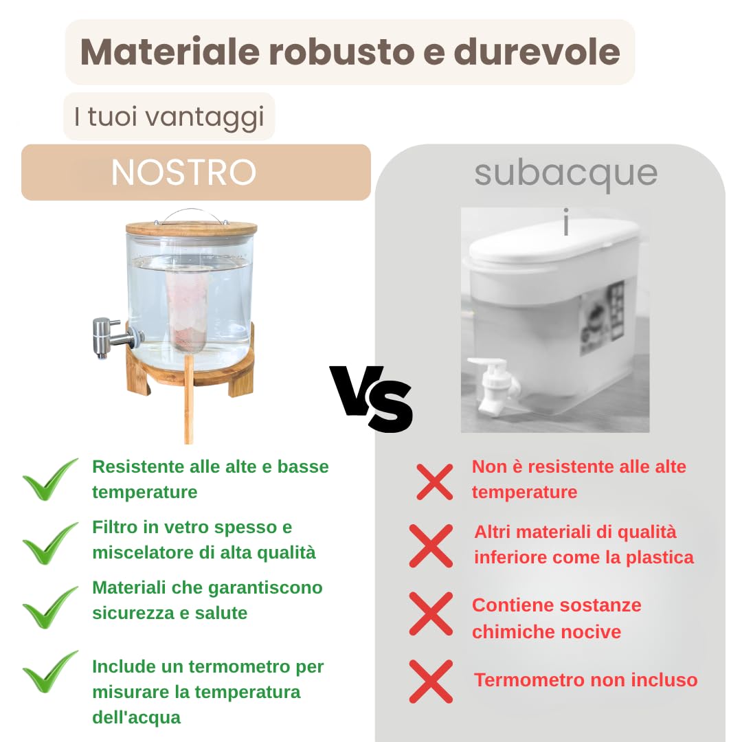 Dispenser di bevande in vetro con rubinetto, pietre terapeutiche, coperchio e supporto in legno di bambù, incluso filtro per miscelazione interna, 5 litri