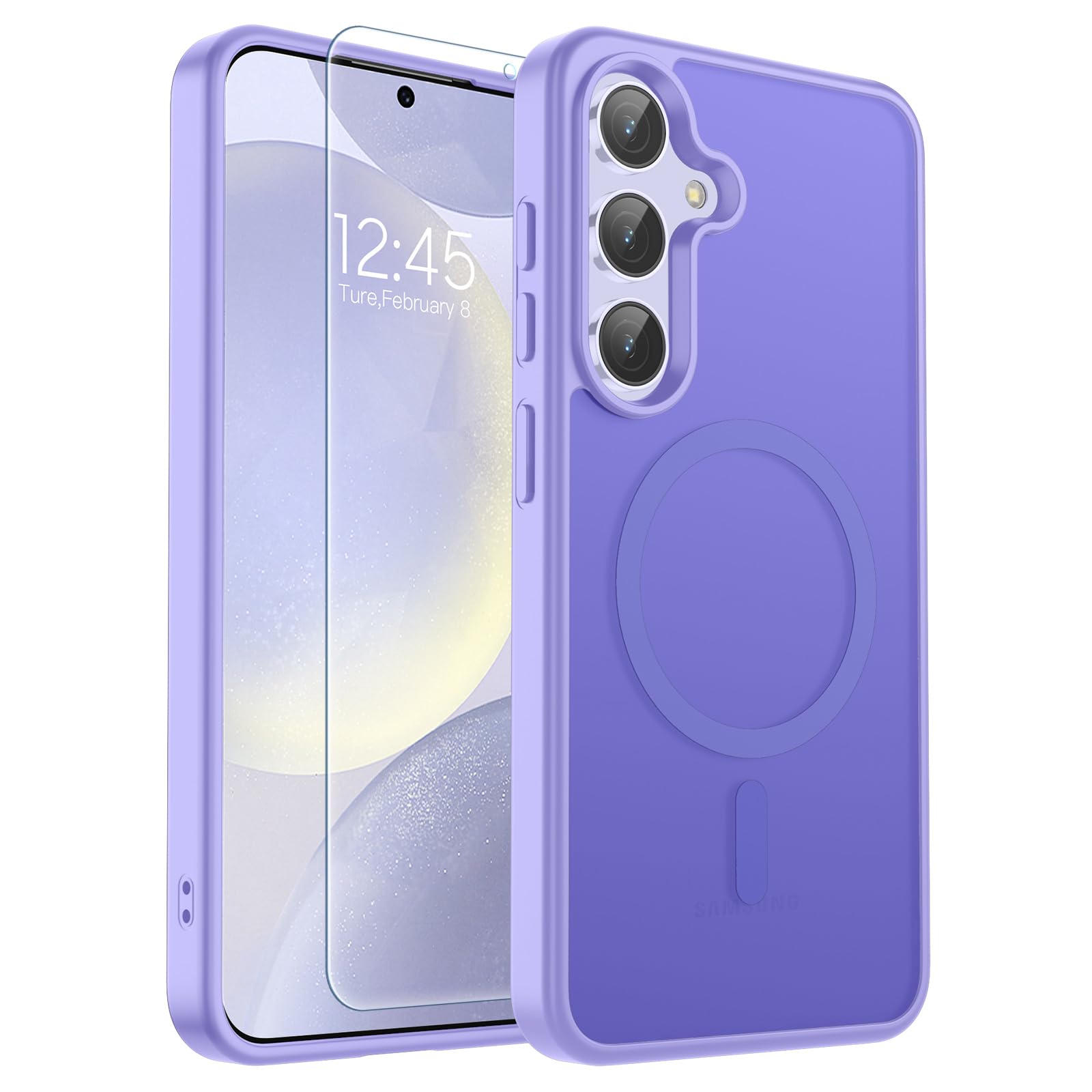 SUPFINE Magnetic for Samsung Galaxy S24 Plus Case / S25 Plus Case with Screen Protector, (Built-in Magnets) (Military Grade Drop Protection) Slim Translucent Shockproof Phone Case,Purple
