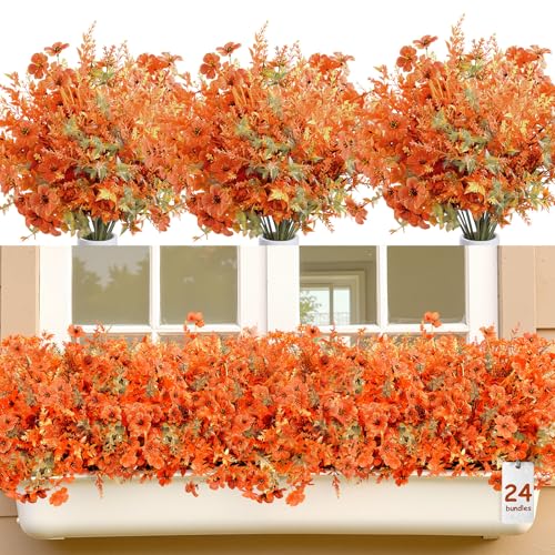 SHareconn 24 Bundles Kunstblumen Herbst, Lavendel & Veilchen, UV-beständige Outdoor Kunstblumen für Herbstdekoration, Realistische Fake Blumen für Zuhause/Garten, Hochzeit, Orange