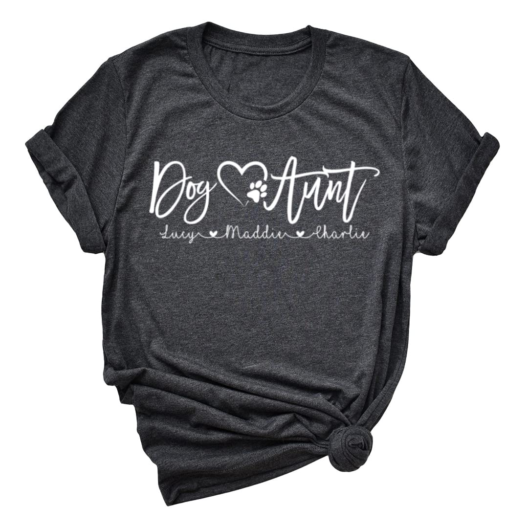 LEVY PAW Personalized Dog Aunt Shirts with Your Dog Names Cute Dog Aunt Gifts (Dark Grey Heather)