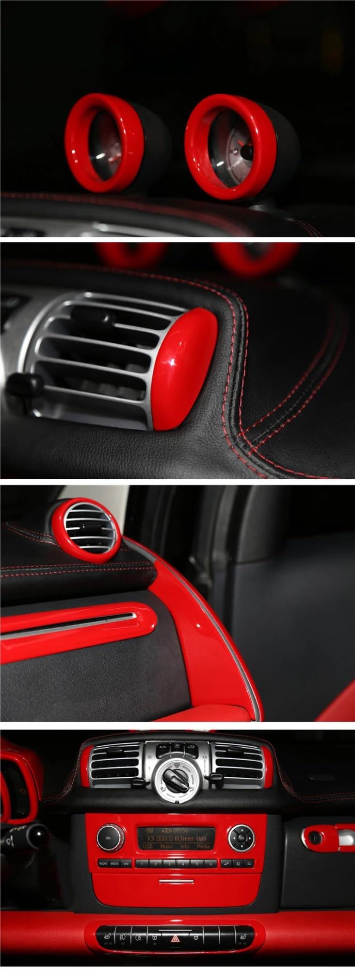 SKINII Interior Decorative per Mercedes per Smart per Fortwo 451 Adesivi Decorativi Protettivi Interni Rossi per Auto in Plastica ABS Auto Interterior Accessori(Center Console 3pcs 9)