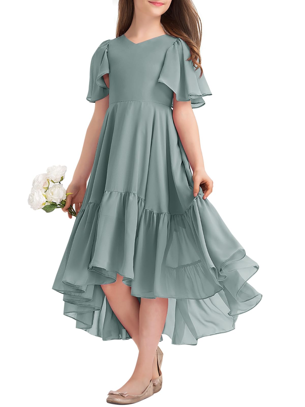 Girls Ruffle Dresses Casual A Line V Neck Short Sleeve Flowy High Low Long Maxi Junior Bridesmaid Party Dress