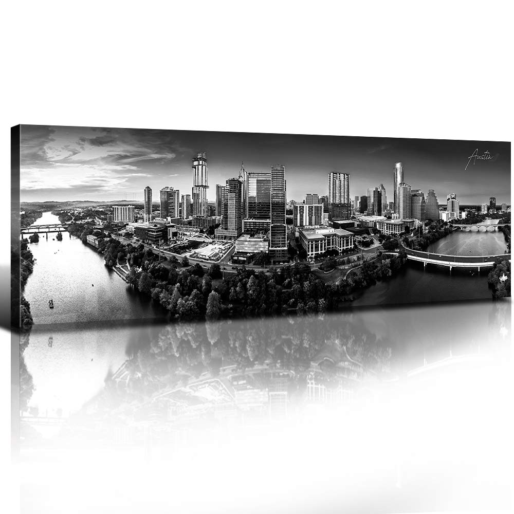 Austin Wall Art Black and White Texas Skyline Colorado River Wall Decor City Landscape Canvas Prints Pictures Cityscape Panorama Paintings Downtown Artwork Living Room Kitchen Home Decorations 14x48”