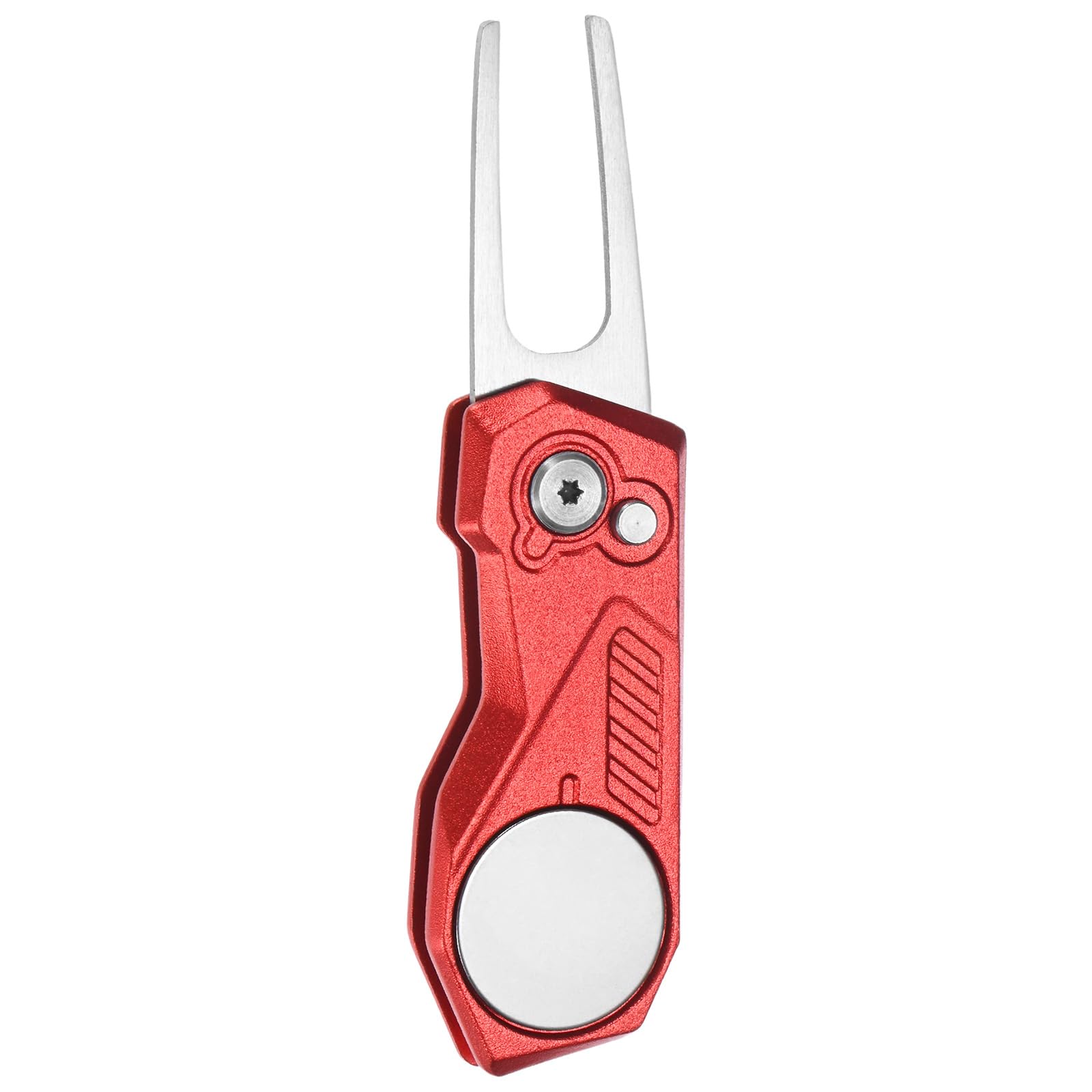 TIXIPEM Golf Divot Repair Tool- Switch Foldable Divot Tool with Magnetic Ball Marker & Open Button Use for Golf Accessories & Gifts - [Red] Green Fork Tines