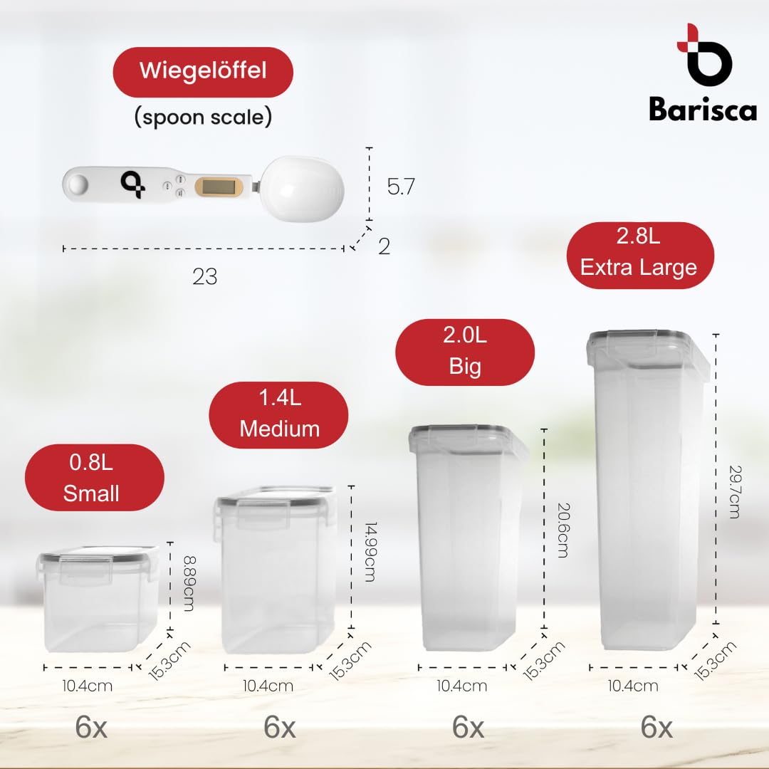 Juego de 24 cajas de almacenamiento de cocina con cuchara digital para guardar cereales, herméticos, sin BPA, caja de plástico de 42 litros con tapa