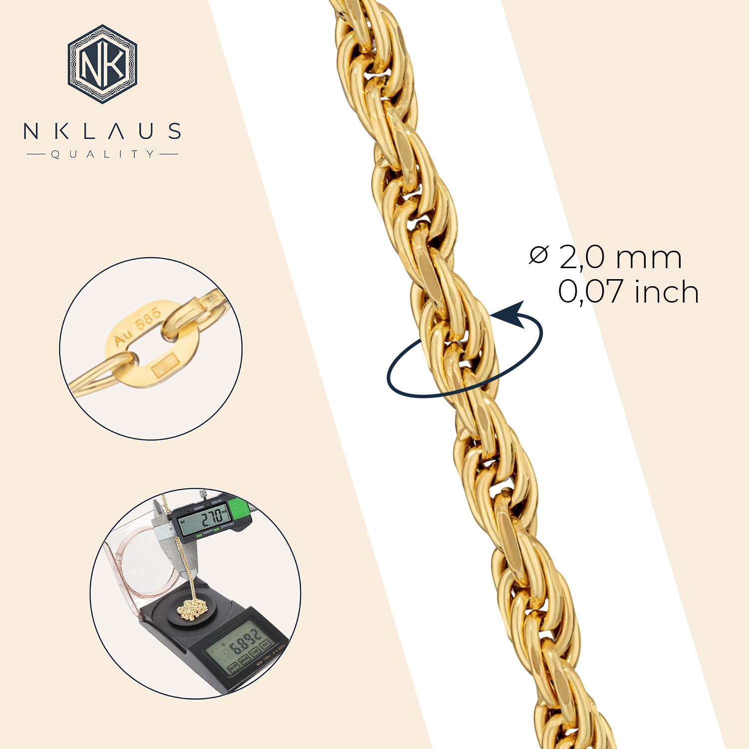 NKlaus 42-50 cm pleciony łańcuszek 585 żółte złoto 14 karatów łańcuszek sznurek wydrążony 2,0 mm szerokości