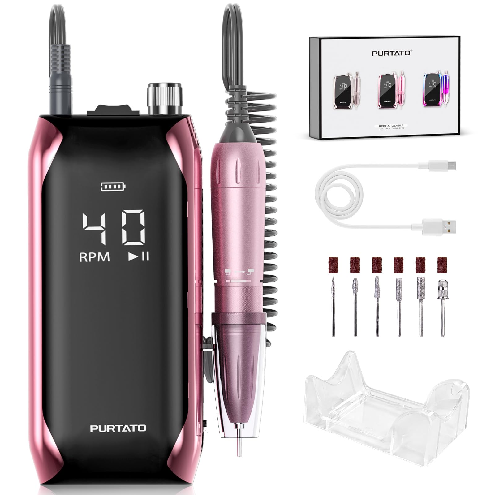 PURTATO Professional Nail Drill 40,000 RPM, Rechargeable,LCD Display E File Machine for Acrylic Nails Gel Polishing Removing Portable Nails Efile