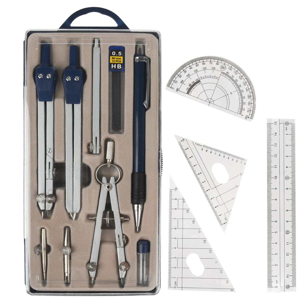 BUYGOO 13Pcs Math Compass for Geometry Set, Compass and Protractor Set, Circle Drawing Tool and Architecture, Graphic Compasses Rulers Pencils Protractor with Storage Case