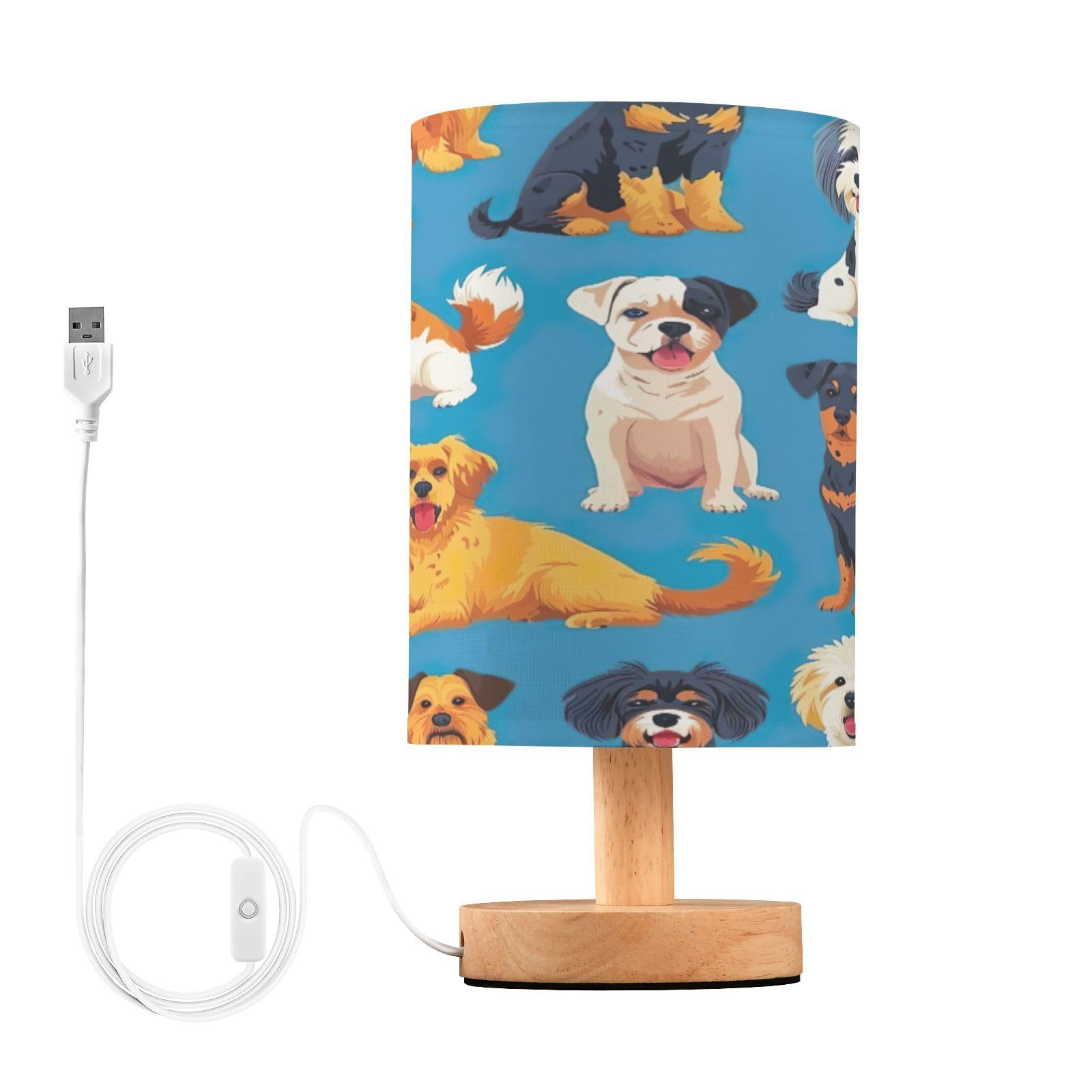 SDMKA Dogs Pattern Blue Bedside Table Lamp for Bedroom, Minimalist Nightstand Lamp with Round Fabric Shade for Living Room, Office, No Bulb Required
