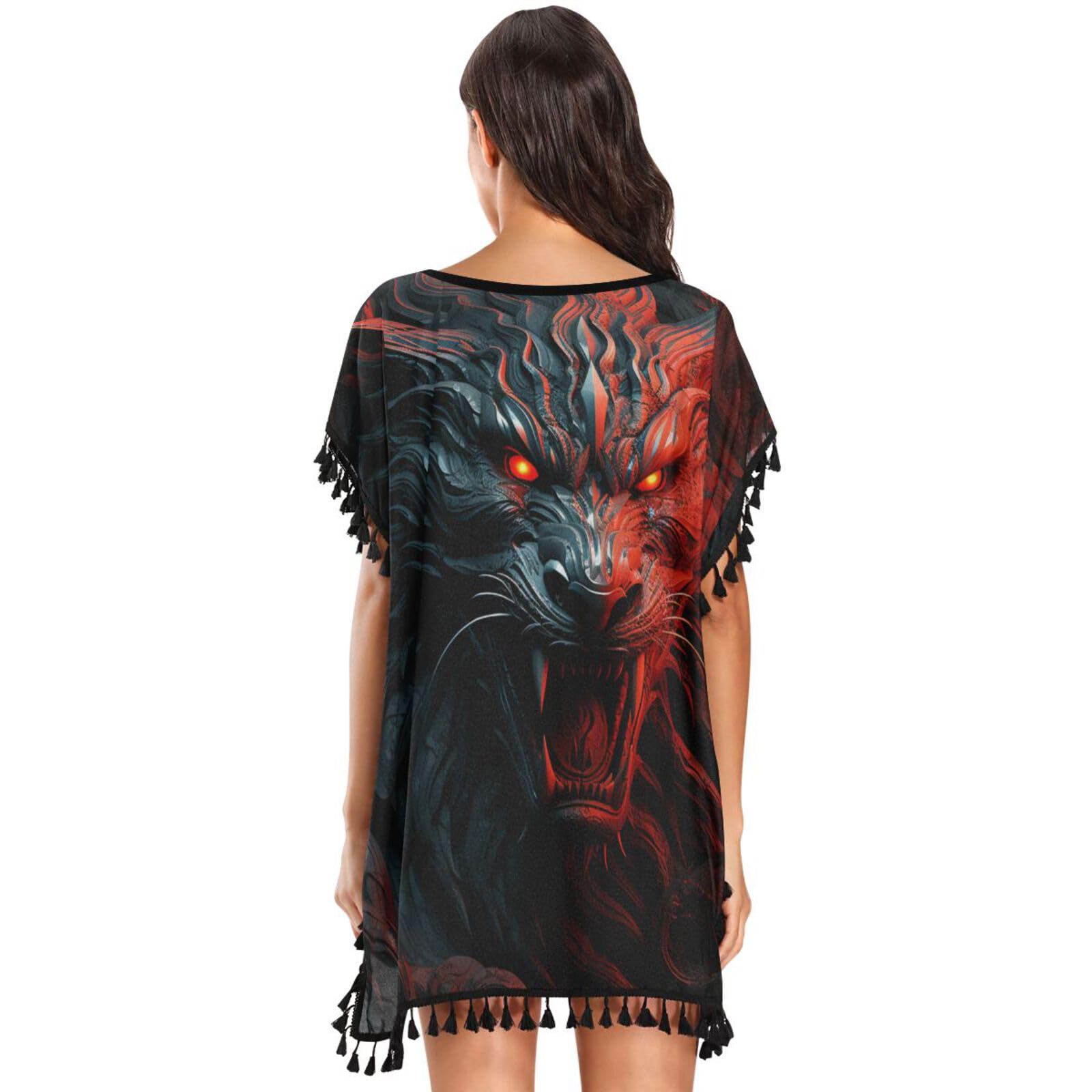 Red Angry Dragon Art Women's Beach Cover Up Chiffon Tassel Swimwear Swimsuit Coverups for Girl