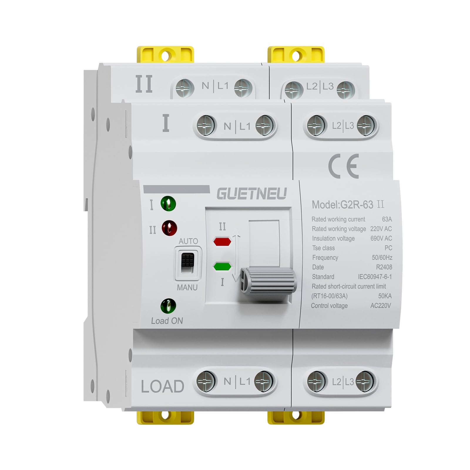 ATS Dual Power Automatic Transfer Switch, 4P 63A 220V Manual Transfer Switch，Uninterruptible Millisecond-Level ATS, 50/60 Hz, White, CE