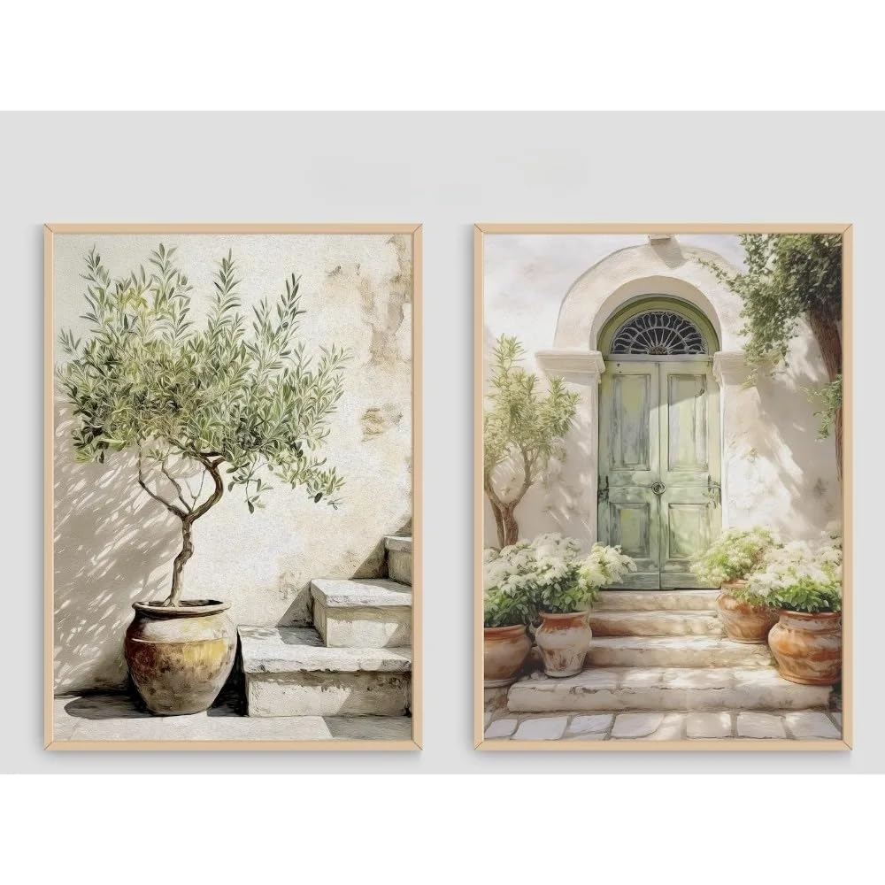 Dittelle Mediterranean Olive Tree and Italian Door Art Prints, Bohemian Style, Living Room Bedroom Wall Art Home Decoration(30x50cmx2/Frameless)