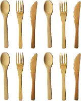 4 conjuntos de utensílios de bambu no total, 12 peças, conjunto de talheres de bambu, talheres de bambu portáteis para viagem, contém garfo, colher, faca, para uso em piquenique no escritório em casa