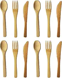 4 conjuntos de utensílios de bambu no total, 12 peças, conjunto de talheres de bambu, talheres de bambu portáteis para viagem, contém garfo, colher, faca, para uso em piquenique no escritório em casa