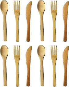 4 conjuntos de utensílios de bambu no total, 12 peças, conjunto de talheres de bambu, talheres de bambu portáteis para viagem, contém garfo, colher, faca, para uso em piquenique no escritório em casa