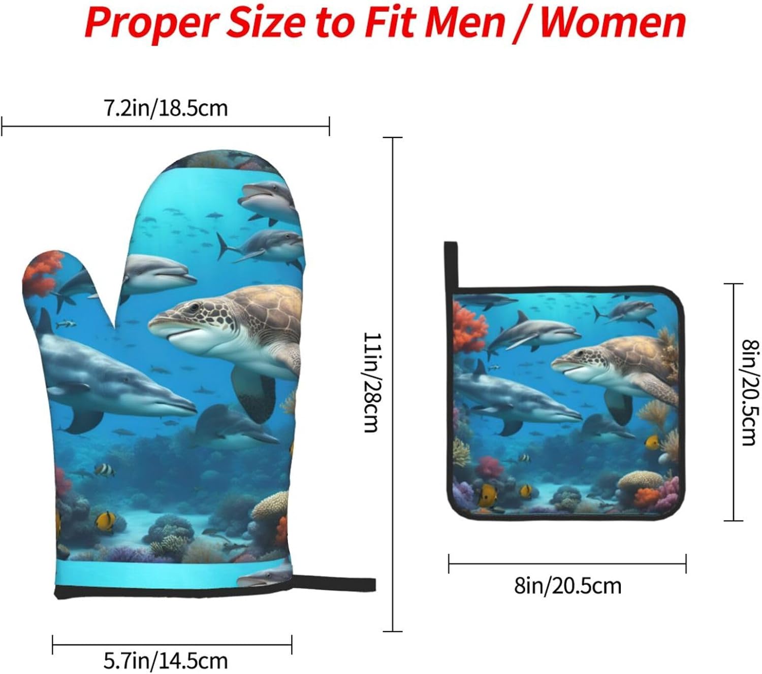 Dolphins Sea Turtle Shark Octopus Coral Reef Print Heat Resistant Microwave Gloves, Used for Baking, Cooking, and Fashion Kitchen Essentials