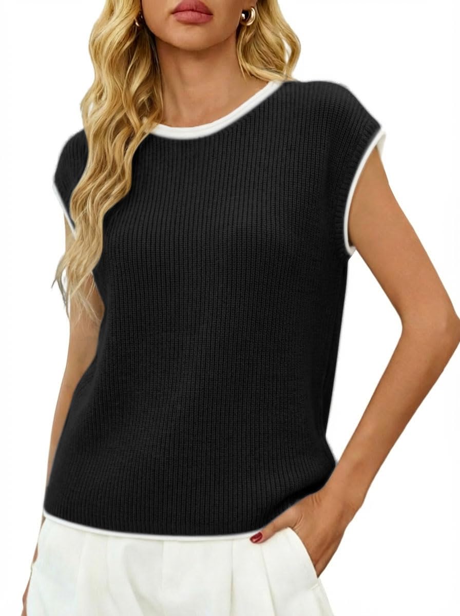 LaGracia Sleeveless Sweater Tops for Women Crew Neck Cap Sleeve Color Block Loose Tank Tops Pullover Knit Sweaters