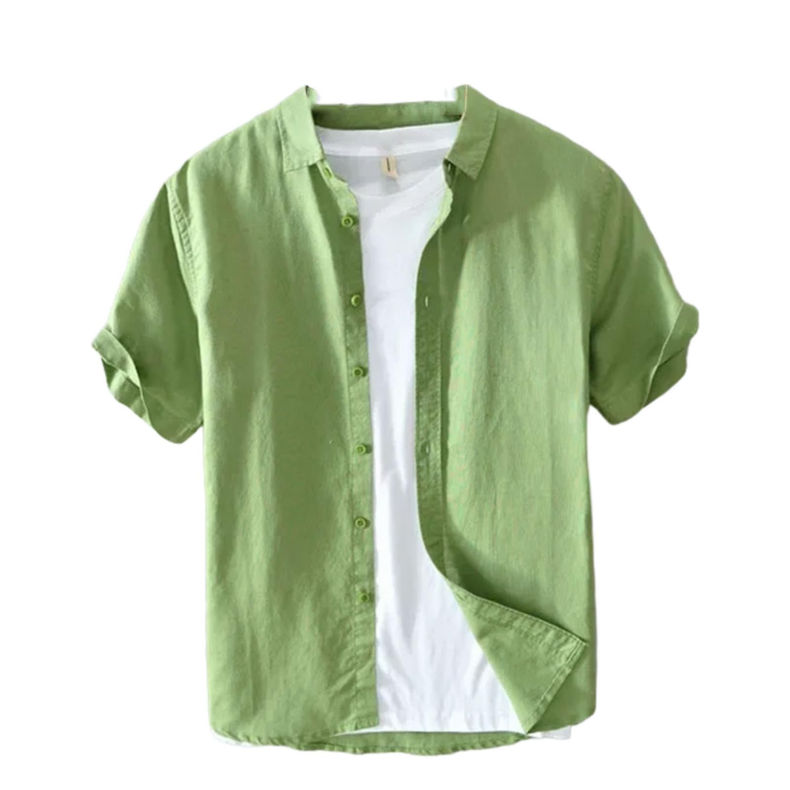 Camicie a maniche corte in lino di cotone per gli uomini casual moda gialla girare giù collare top
