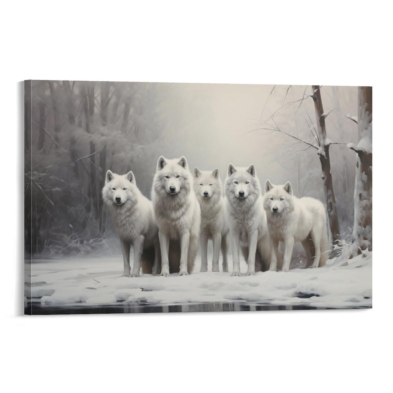 FOCCAR Forest White Wolf Wall Art Prints Natural Snowy Wildlife Pictures on Canvas Poster Wall Decor for Bedroom Home Decorations