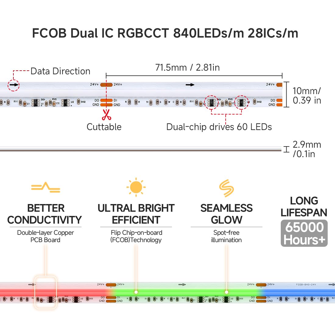 FCOB COB WS2811 Indirizzabile Doppio IC RGBCCT Striscia LED 5M IP30 10mm CE | RGB Smart IC+CCT Bianco Regolabile 3000K-6000K 24V 840LEDs/m flessibile alta densità per DIY(Non Alimentazione Controller)