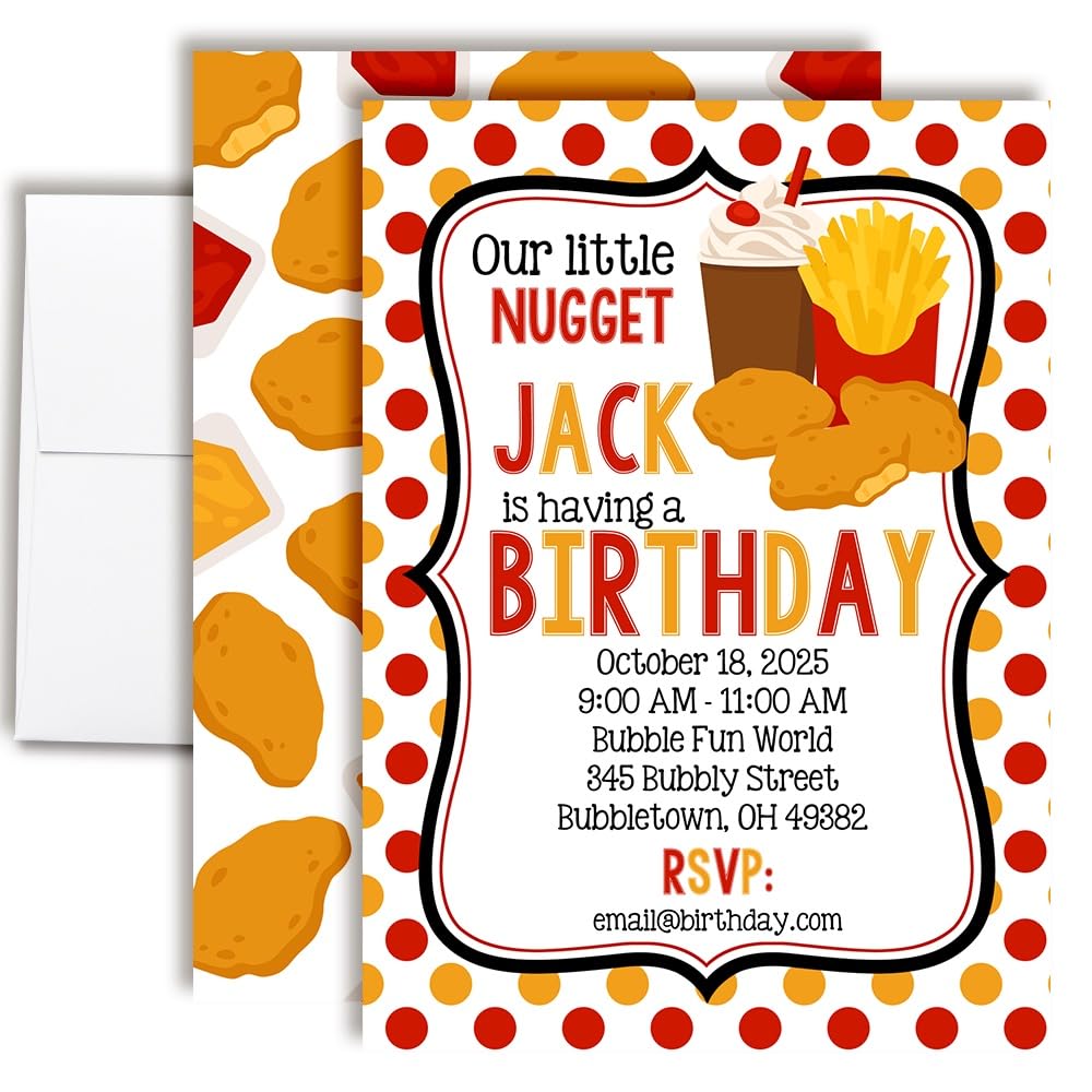 Custom Birthday Invitations Our Little Nugget Birthday Invites for Kids Pack of 30 5x7 Custom Chicken Nugget Themed Invitation Cards With Thirty Envelopes - Unique Chicken Nuggies Party Invites