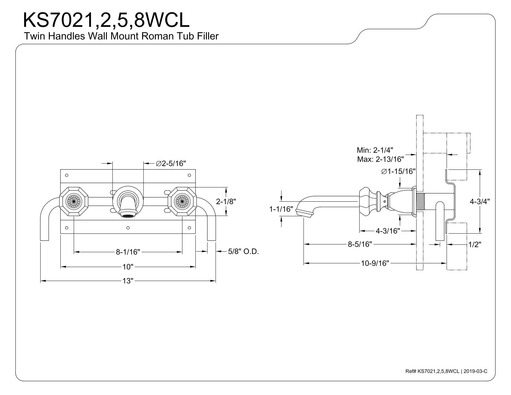 Kingston Brass KS7022WCL Llenador de bañera Romana para Montaje en Pared Central de 20,32 cm, latón Pulido, 10-7/16 inch in Spout Reach
