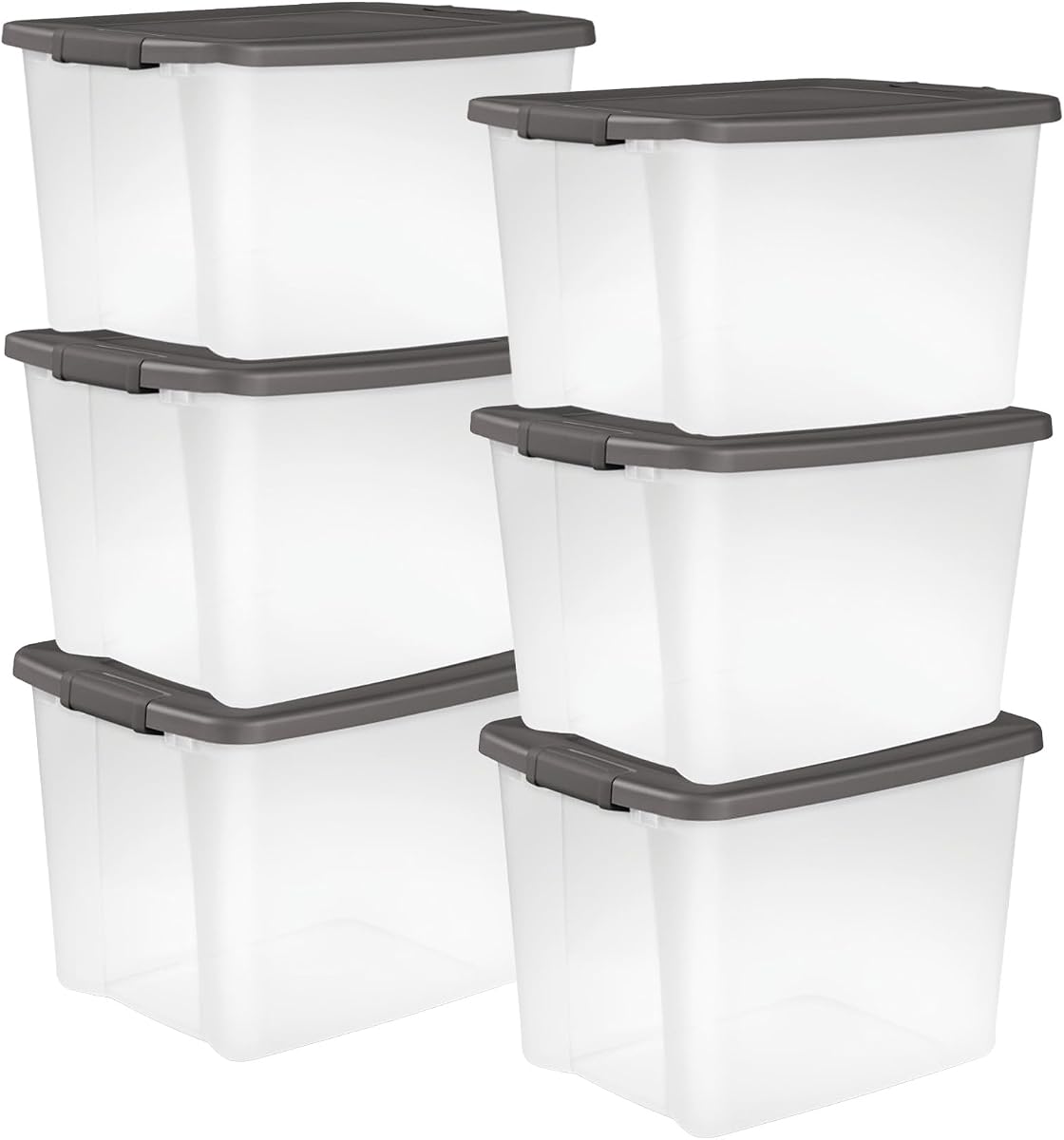 Sterilite ShelfTote de 50 cuartos, contenedor de almacenamiento transparente con tapa con cierre, paquete de 6 | Contenedores transparentes con tapas grises: cajas organizadoras apilables para armario, baño y oficina