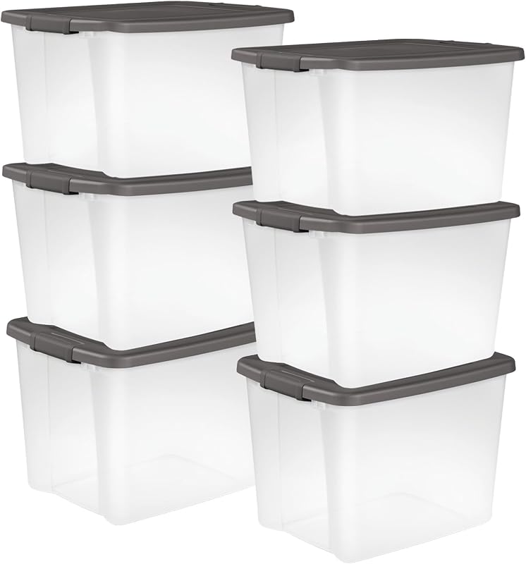 Sterilite ShelfTote de 50 cuartos, contenedor de almacenamiento transparente con tapa con cierre, paquete de 6 | Contenedores transparentes con tapas grises: cajas organizadoras apilables para armario, baño y oficina