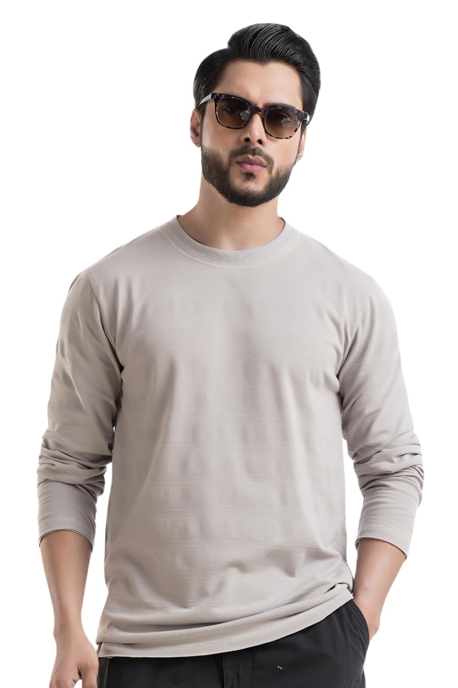 Souped Up FashionEvoque Textured Full-Sleeve Olive T-Shirt – Raw Edge in Structured Fabric