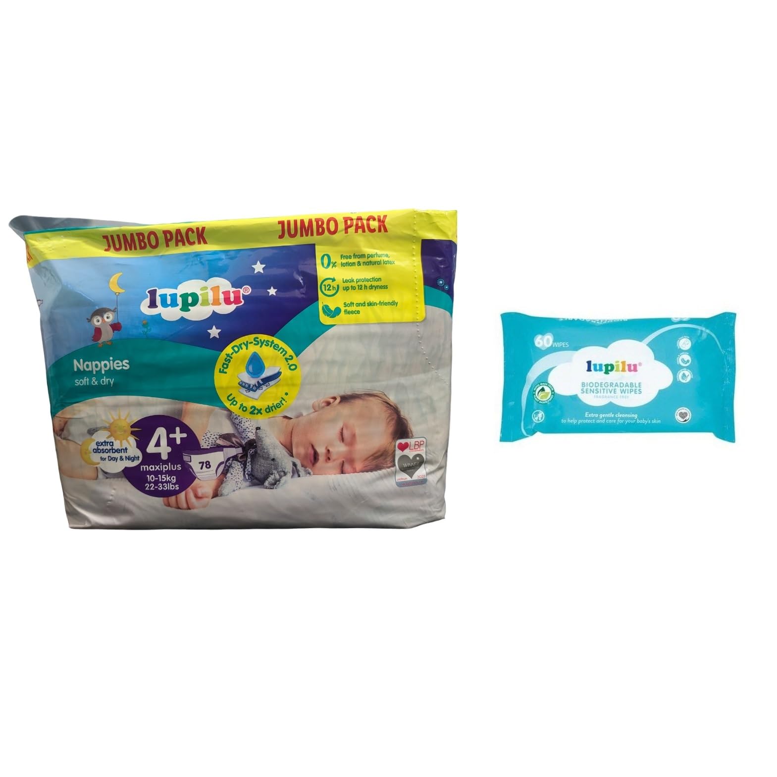 Lupilu Size 4+ Maxi+ Nappies Jumbo 78 Pack + 60 Fragrance Free Baby Wipes