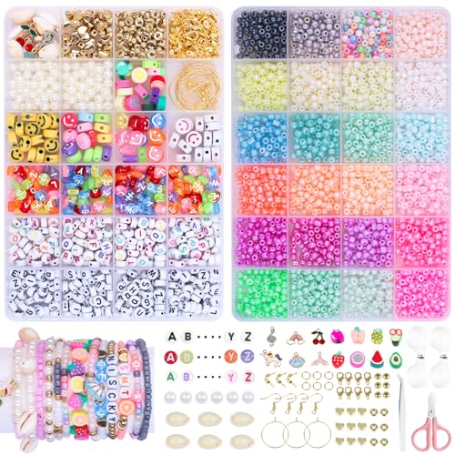 Liangding 6000 Peças Kit de fazer pulseiras, contas e missangas para pulseiras de 3 mm em 24 cores com letras, carinhas e pérolas, ideal para meninas e adultos, trabalhos manuais, colares e presentes