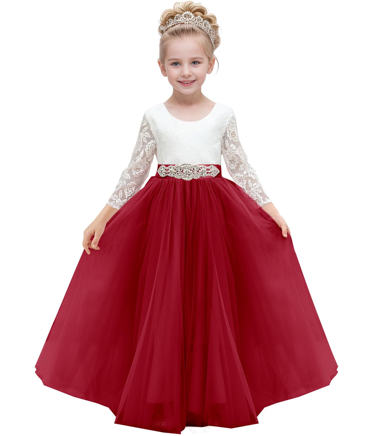 Abaowedding Lace V-Back Flower Girl Dress Tutu Tulle Princess Party Dress with Satin Sash