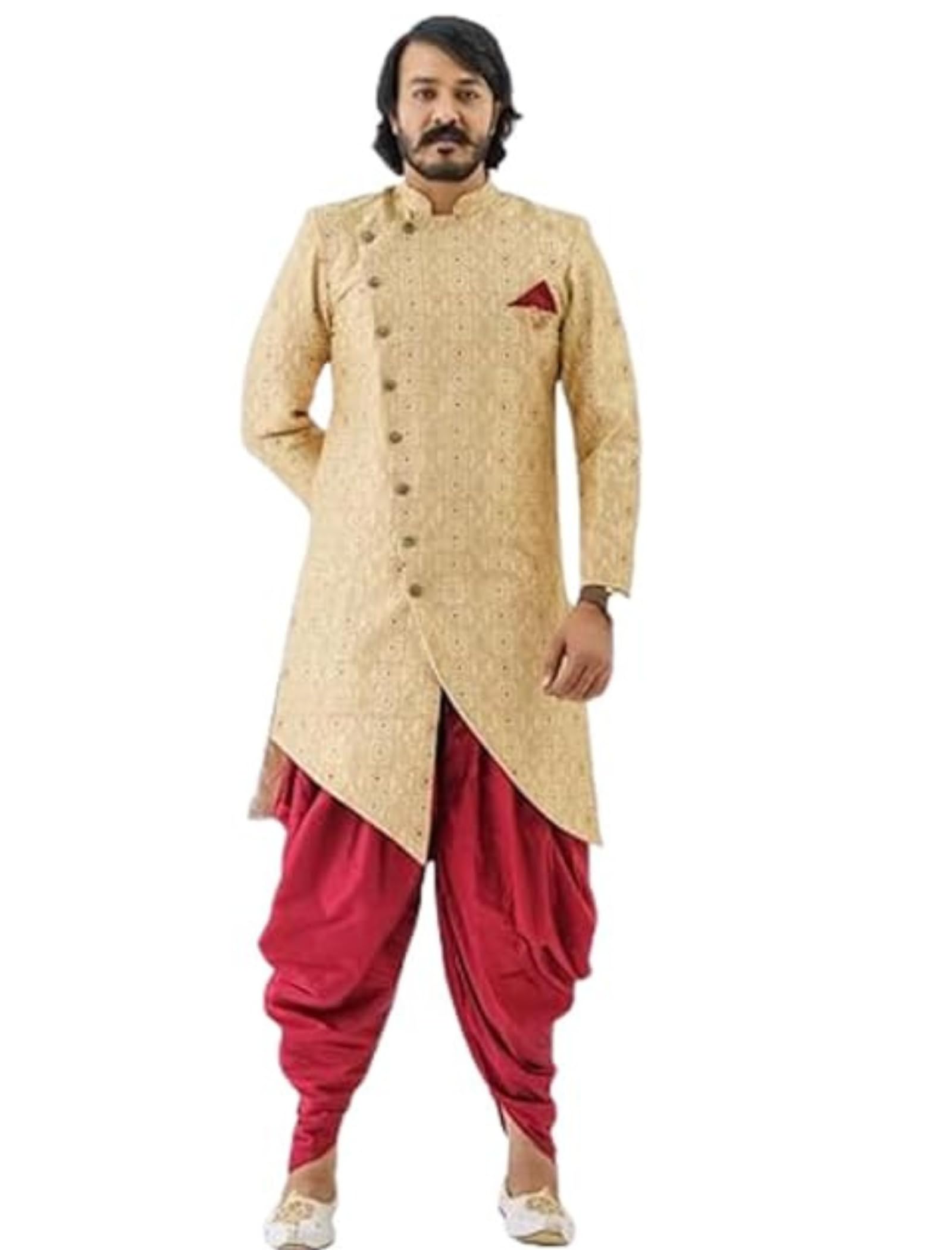 Men's Asymmetric Indo Western Sherwani Set with Dhoti Pants and Pocket Square | Western Set for Men-image-21