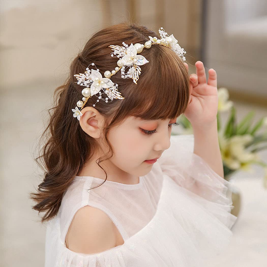 Copricapo Con Perle E Fiori Bianco Per Bambine – Fascia Per Capelli Per Comunione, Matrimonio E Ballo, 32x5 Cm