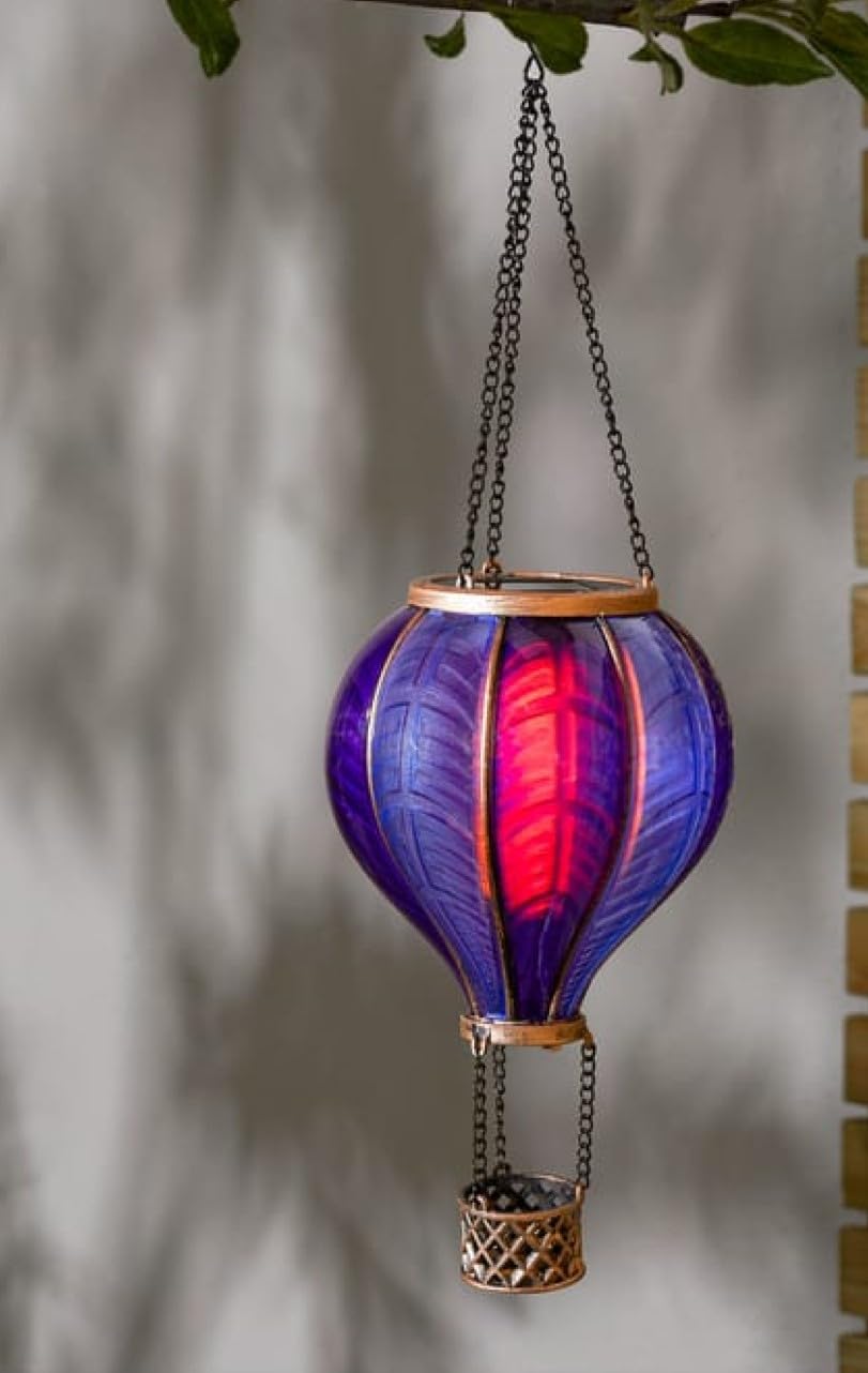 Solar Power Rainbow Stain Cool Fiesta Realistic Flame Outdoor Hanging SMD LED Hot Air Balloon Lantern - Multicoloured Glass Effect Flaming Garden Light with Handle [Energy Class A+] (Purple, 46.5)