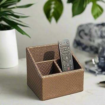 MASON HOME Vegan Leather & Mdf Braided Brown Remote Holder - 1Pc - L 6.25" x B 5" x H 5"|Decorative Multifunctional Space Saving Organizer Stand|Rom - Table - Desk|AC TV Controller-Gadgets,Stationary - image, photos