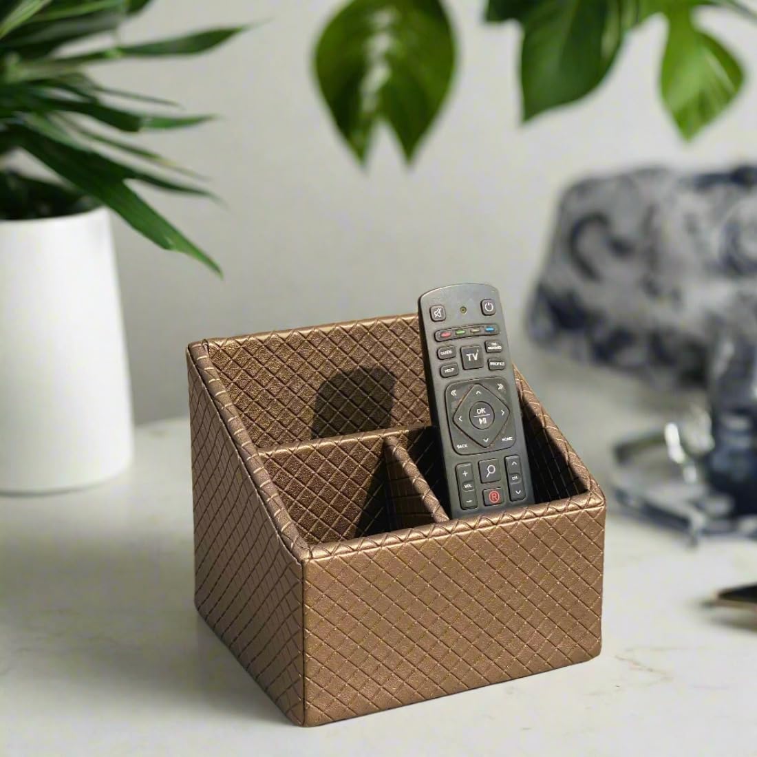 MASON HOME Vegan Leather & Mdf Braided Brown Remote Holder - 1Pc - L 6.25" x B 5" x H 5"|Decorative Multifunctional Space Saving Organizer Stand|Rom - Table - Desk|AC TV Controller-Gadgets,Stationary