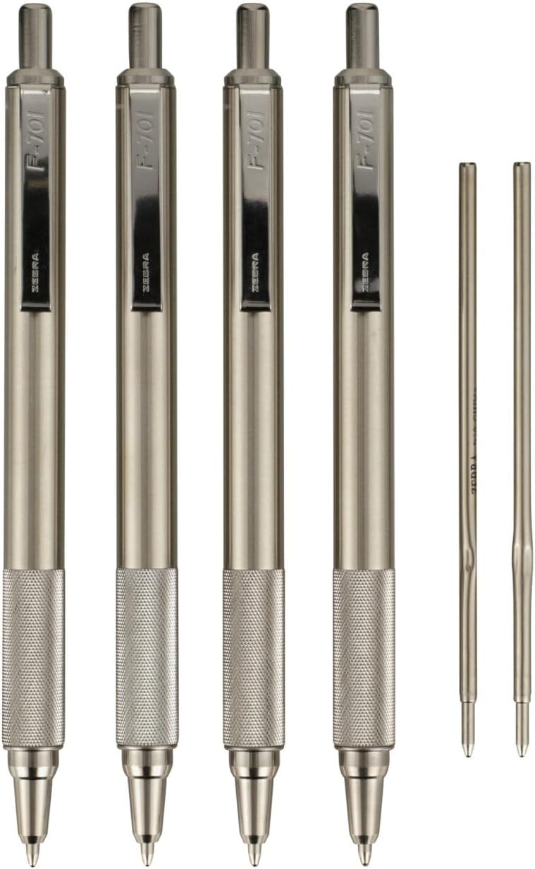Zebra Pen F-701 Ballpoint Black Ink Fine Point 0.8mm Pen, Heavy Duty, Durable Stainless Steel Barrel, Knurled Grip, Silent Retractable Plunger, Ideal for Tactical Use, 4-Pack Plus 2 Refills (50113)
