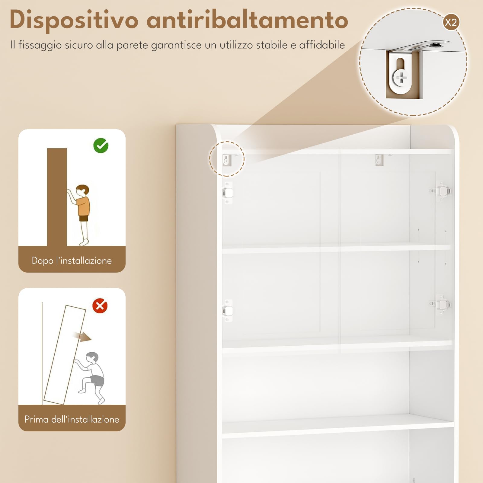 BEWISHOME Mobile per Lavatrice,Mobile Alto da Bagno da Installare Sopra Lavatrice,WC o Asciugatrice,con 2 Ante,2 Vani Aperti,Ripiani Regolabili,Mobile da Bagno salvaspazio,185×65×24 cm,Bianco EYYG19W
