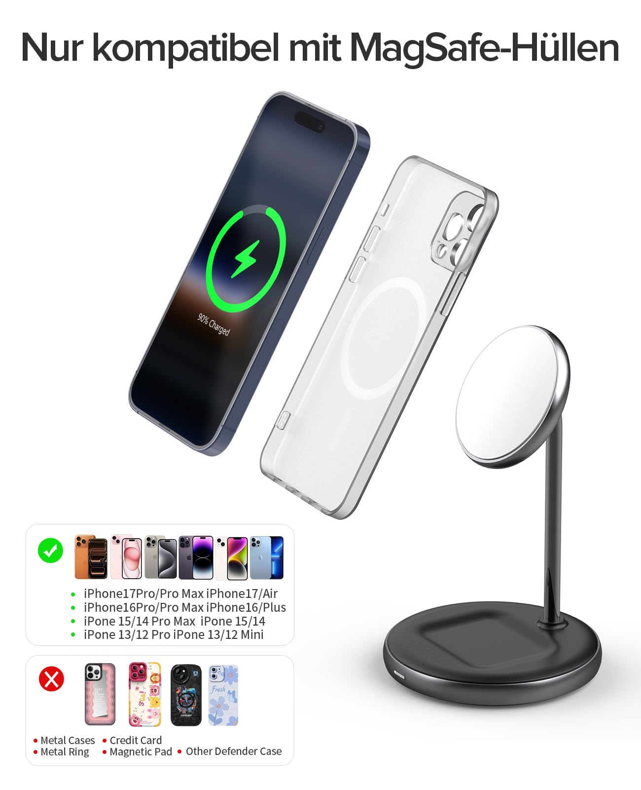 ZIKE 2-in-1 Ladegerät mit MagSafe, 15 W iPhone Ladeständer Dual Induktive Ladestation Fast Magnetische Kabelloses Ladegerät für iPhone 17 Pro/16/15/14 Pro/Airpods Pro, mit Standby Mode