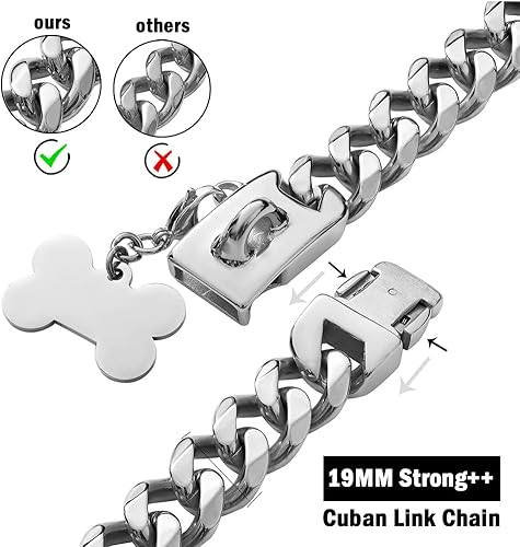 Miniatura 3 de Collar de cadena de metal plateado con diseño de hebilla segura y etiqueta de identificación, collar para mascotas, cadena de eslabones cubanos de