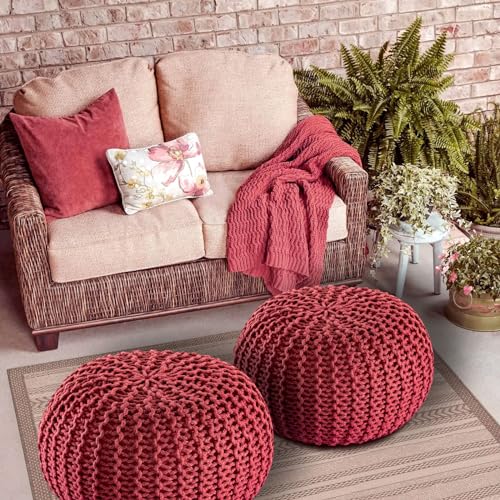 kreatives Wohnen Pouf Premium ø45cm Sitzhocker Strickpouf Innen Terrasse Pool Garten nachhaltig Rostbraun - Ruby Wine
