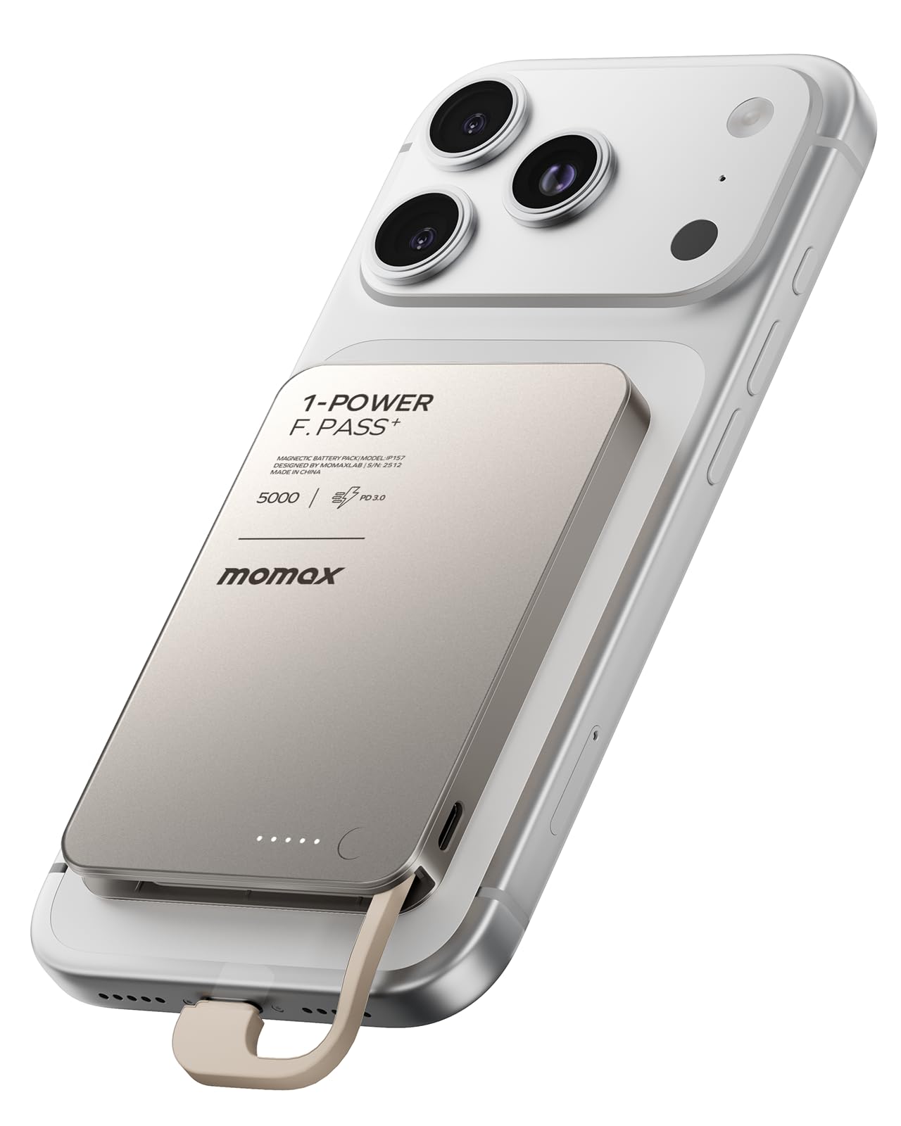 MOMAX 5000mAh Powerbank PD 20W Schnelladegerät- 0,8cm Ultraflache Powerbank mit integriertem Kabel für iPhone 15~17 Serie (Nicht drahtlos Aufladen)